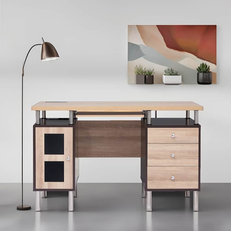 3-Drawer Filing Cabinet, Two-Tone Office Desk Power Outlets & USB Ports – Includes 3 Drawers and 1 Storage Cabinet