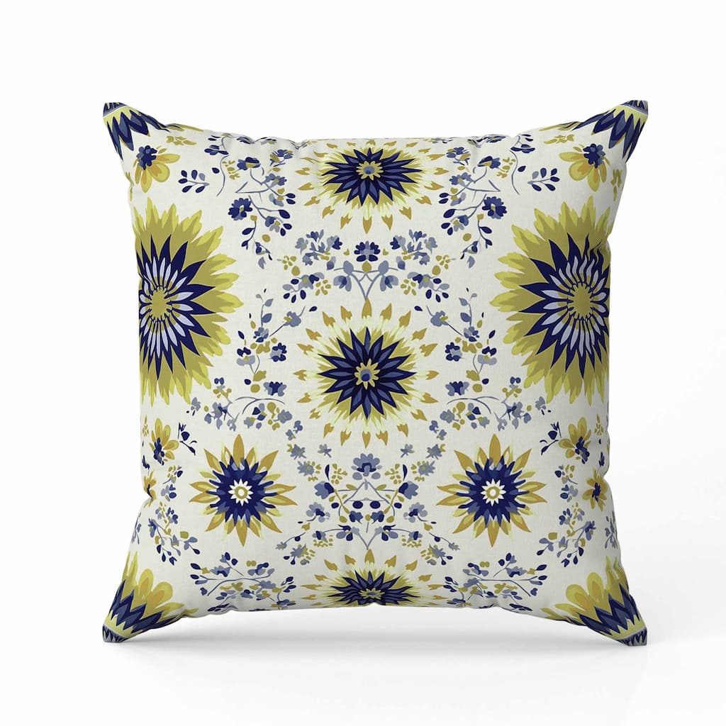 Delightful Dandelions Indoor/Outdoor Reversible Throw Pillow Indigo and Olive