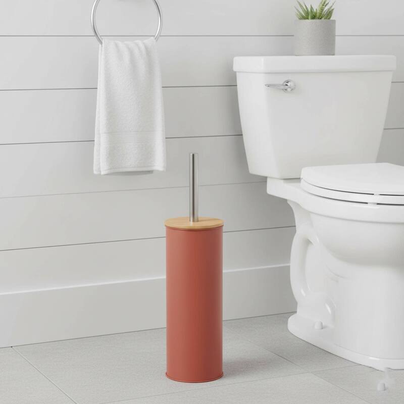 Metal Toilet Brush and Holder Set With Bamboo Lid
