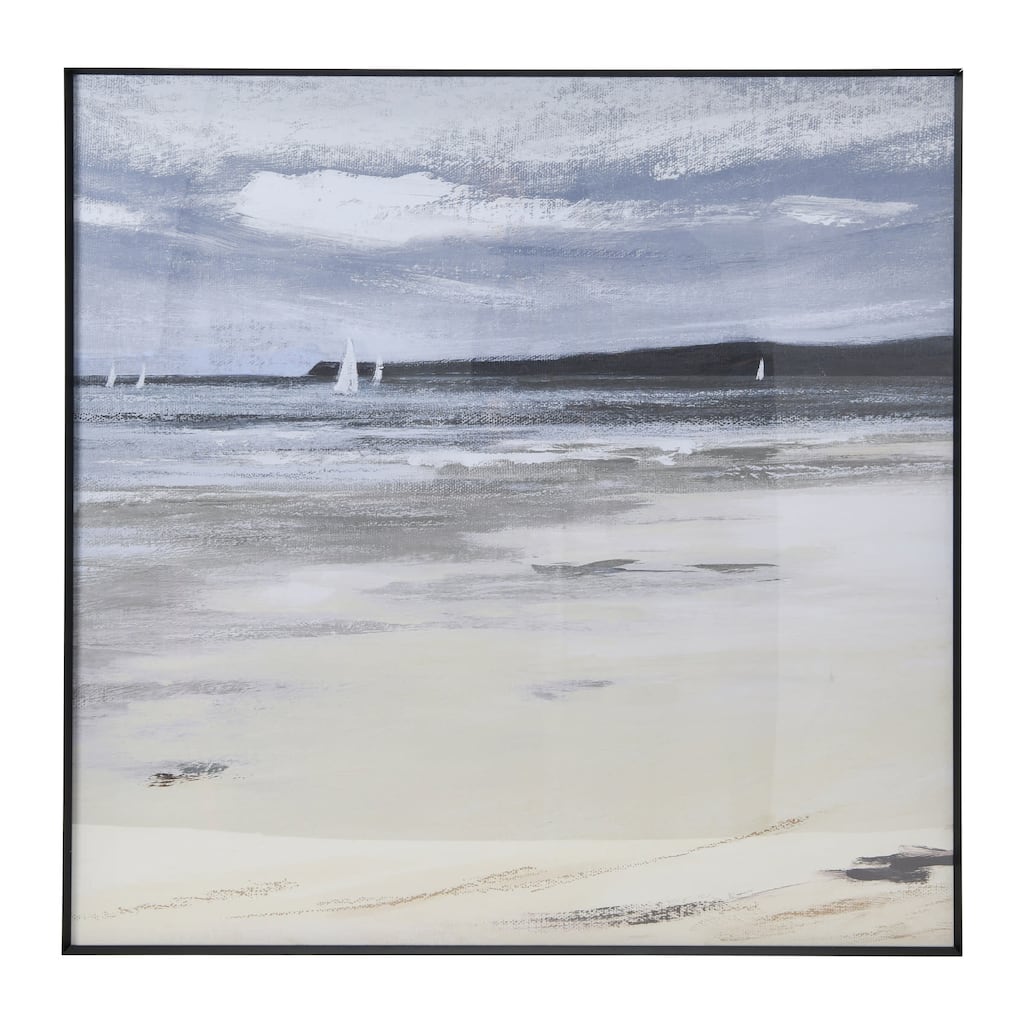 Watercolor Seascape Wall Décor, Ocean Horizon Print with Black Metal Frame