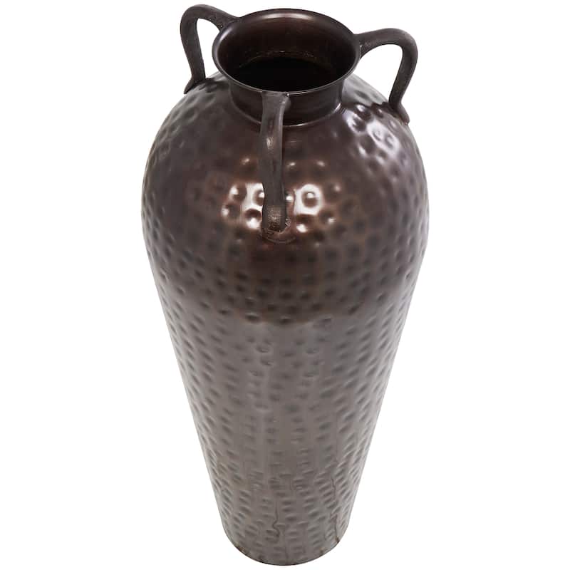 Metal Tall Floor Mediterranean Style Vase with Hammered Details and Handles - Brown - Roche River Decor