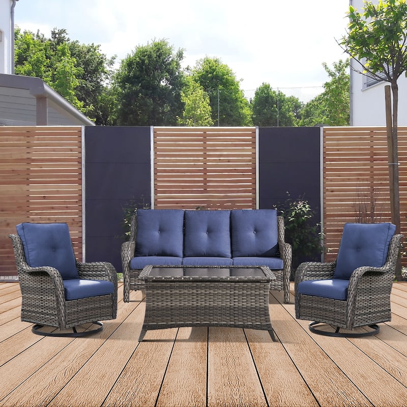 Gymojoy 4-Piece Patio Sofa with Swivel Glider Chair Set - Grey - Blue