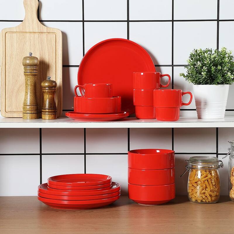 LOVECASA 16-Piece Round Dinnerware Set Stackable, Service for 4