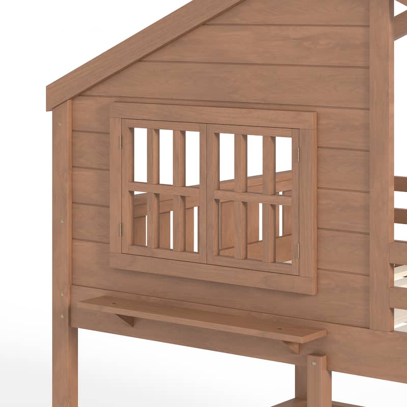Full/Twin Bunk Bed with Bookshelf, House Design Loft Bed with Safety Fencing, High-Quality Kids Bed Frame