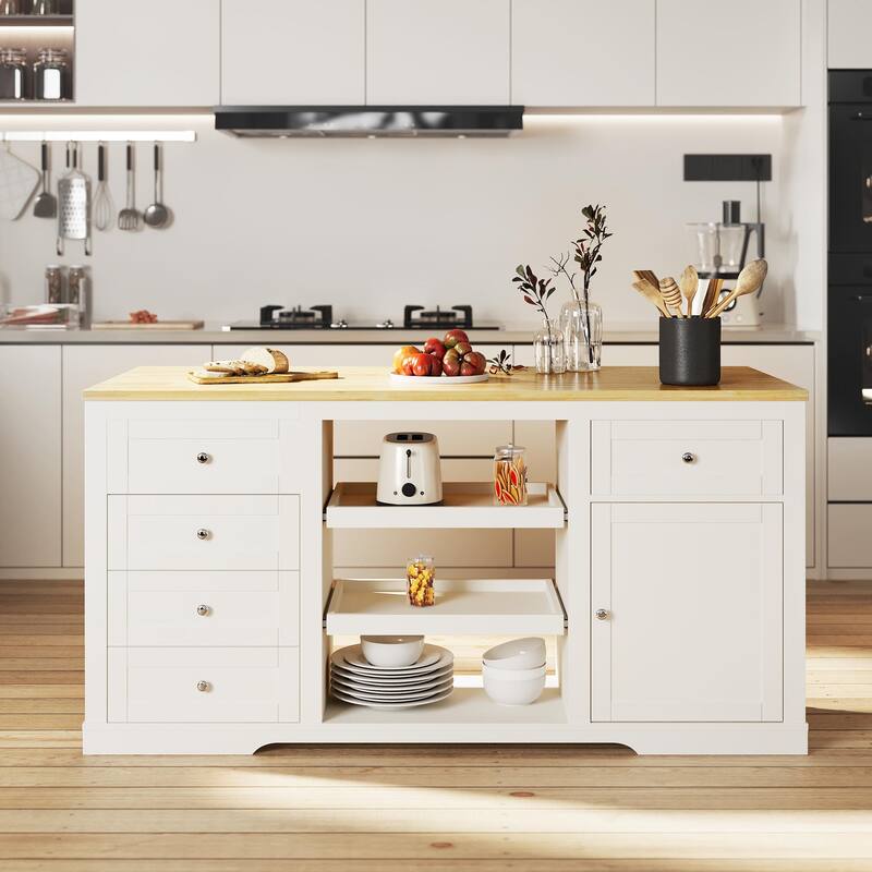 Kitchen Island with Storage and Drop Leaf - Stationary - White - Wood