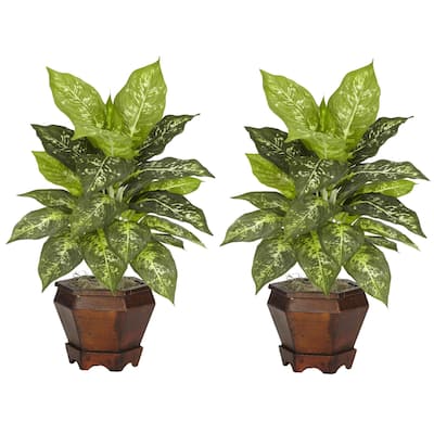 Dieffenbachia Silk Plants with Vase Set of 2 - 14" Artificial Greenery Decor for Home Office Living Room - 1.71ft.