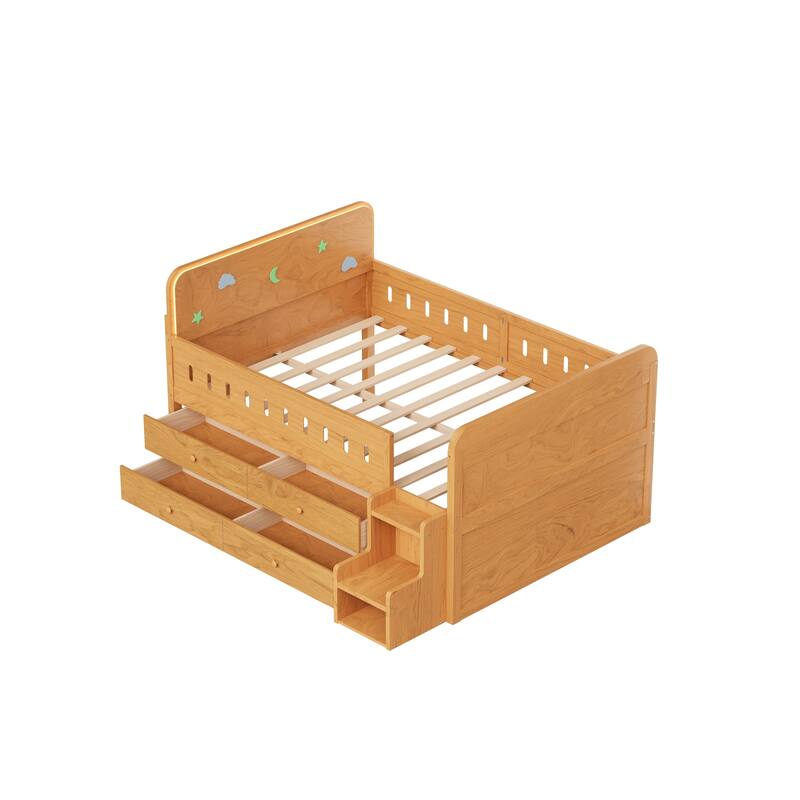 GDFStudio - Modern Wooden Full Size Bed with LED Light and Storage Drawers