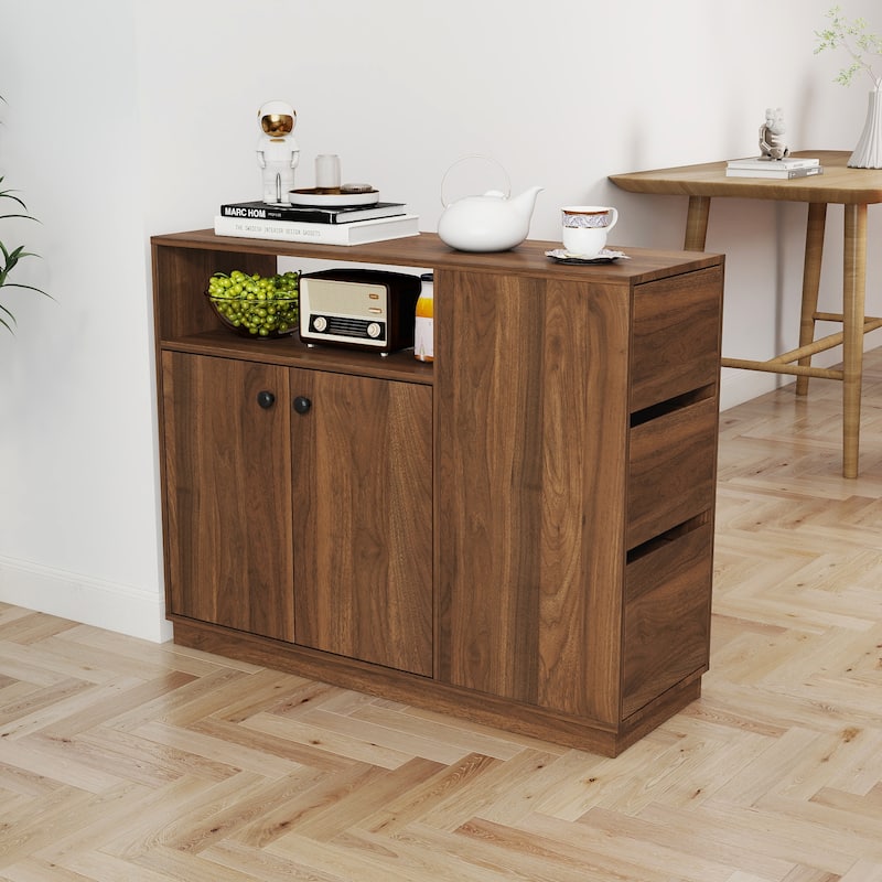 Kitchen Sideboard, Countertop Organizer, Tabletop Cabinet with 2 Glass Sliding Door,3 Side Drawers & 1 small display shelves