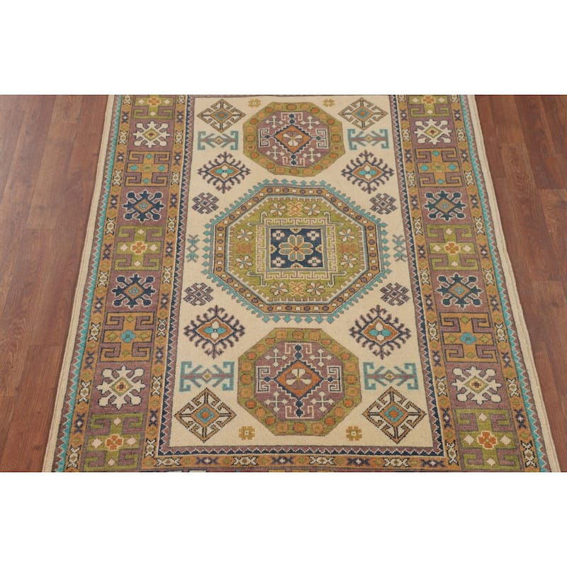 Kazak Foyer Rug Handmade Beige Geometric Wool Carpet - 3'11" x 6'1"