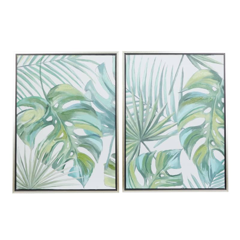 Canvas Leaf Tropical Living Room Framed Wall Art with Silver Frame - Set of 2 Green - CosmoLiving by Cosmopolitan - Gold