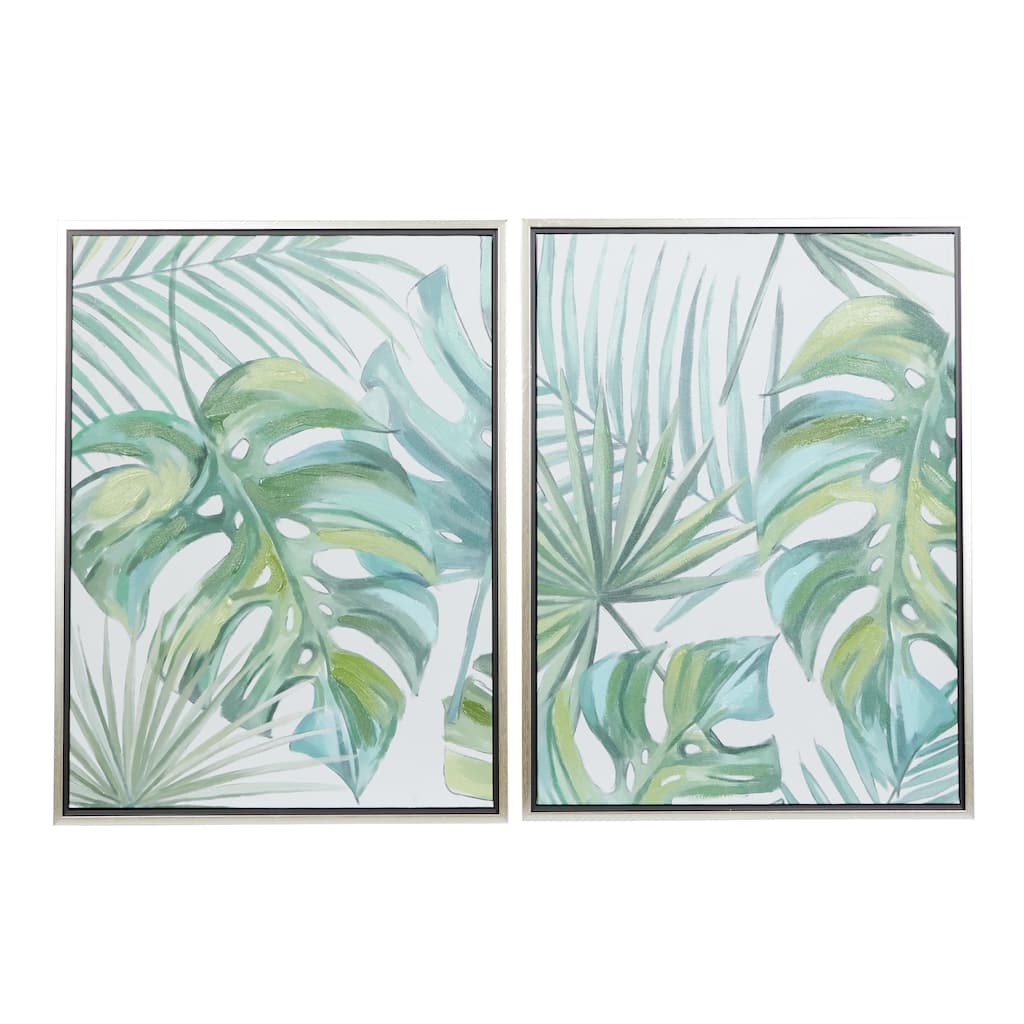 Canvas Leaf Tropical Living Room Framed Wall Art with Silver Frame - Set of 2 Green - CosmoLiving by Cosmopolitan