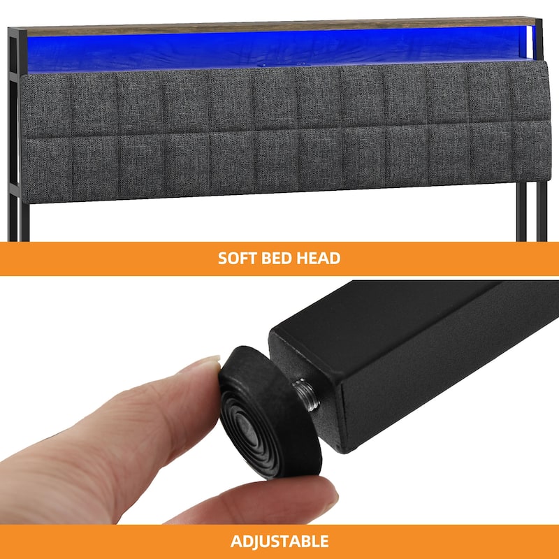 Upholstered Platform Bed with Charging Station and Storage Headboard