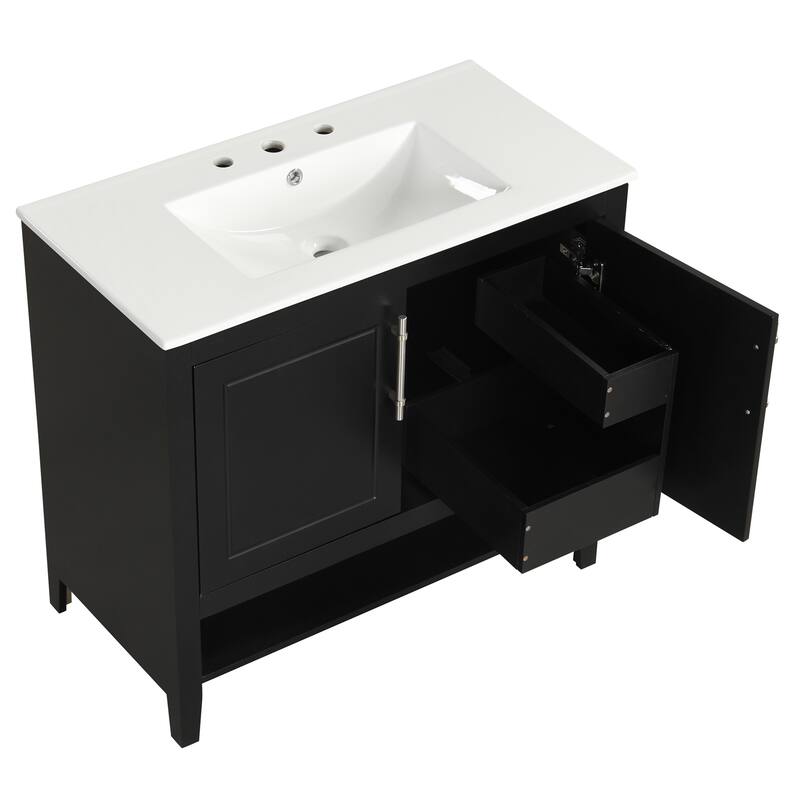 36" Black Bathroom Vanity with Ceramic Sink, Solid Wood & MDF Cabinet, Two Drawers, Doors & Open Shelf for Storage