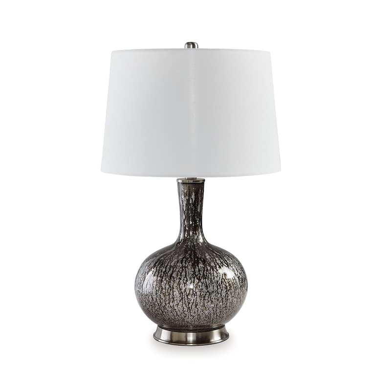 26 Inch Table Lamp, Tall Black Round Glass Base, White Drum Fabric Shade