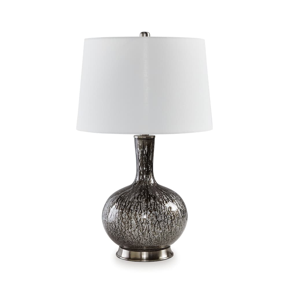 26 Inch Table Lamp, Tall Black Round Glass Base, White Drum Fabric Shade