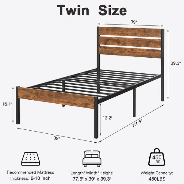 dimension image slide 0 of 3, VECELO Twin Size Kids Bed Frames Set with Headboard and Footboard 2-Pack Wooden Rail Headboard Kids Bed