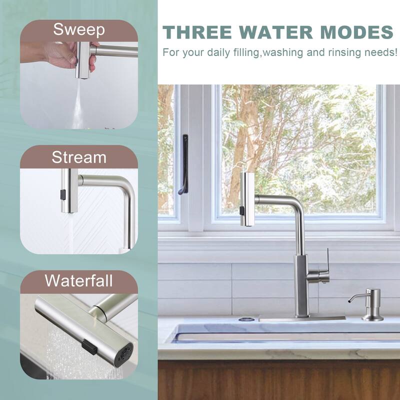 WOWOW 3-Mode Pull Down Sprayer Kitchen Faucet with Soap Dispenser