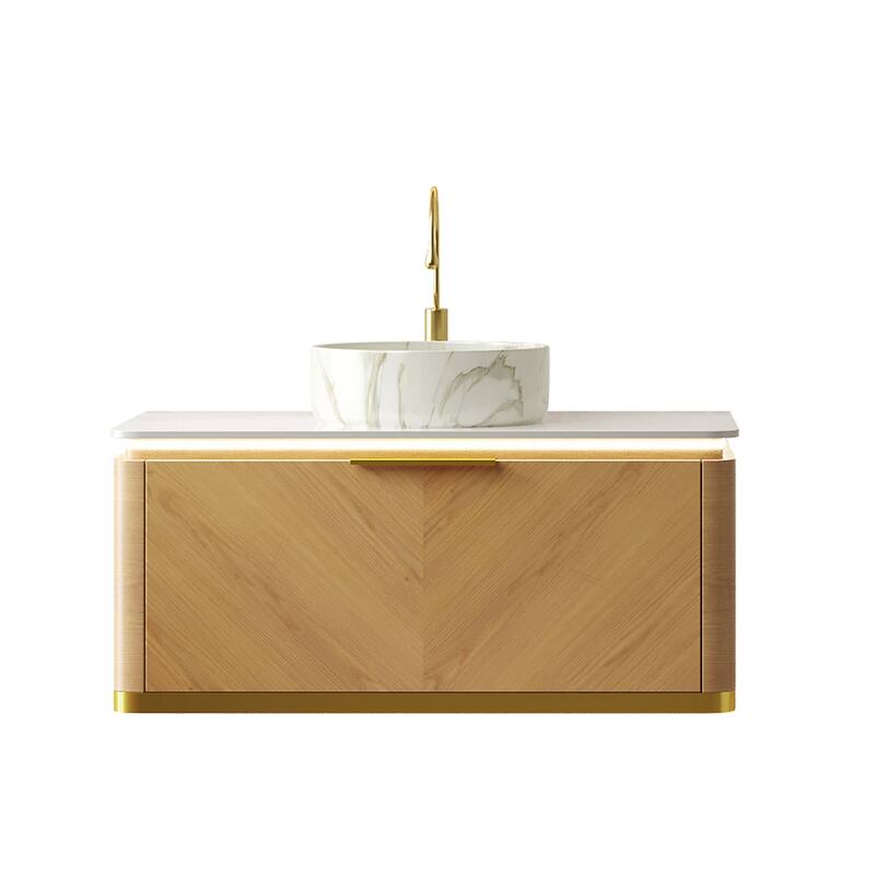 GDFStudio - Dipa Modern 36" Floating Bathroom Vanity with Drawer, Sensor Light & Marble Pattern Ceramic Basin, WITHOUT Faucet