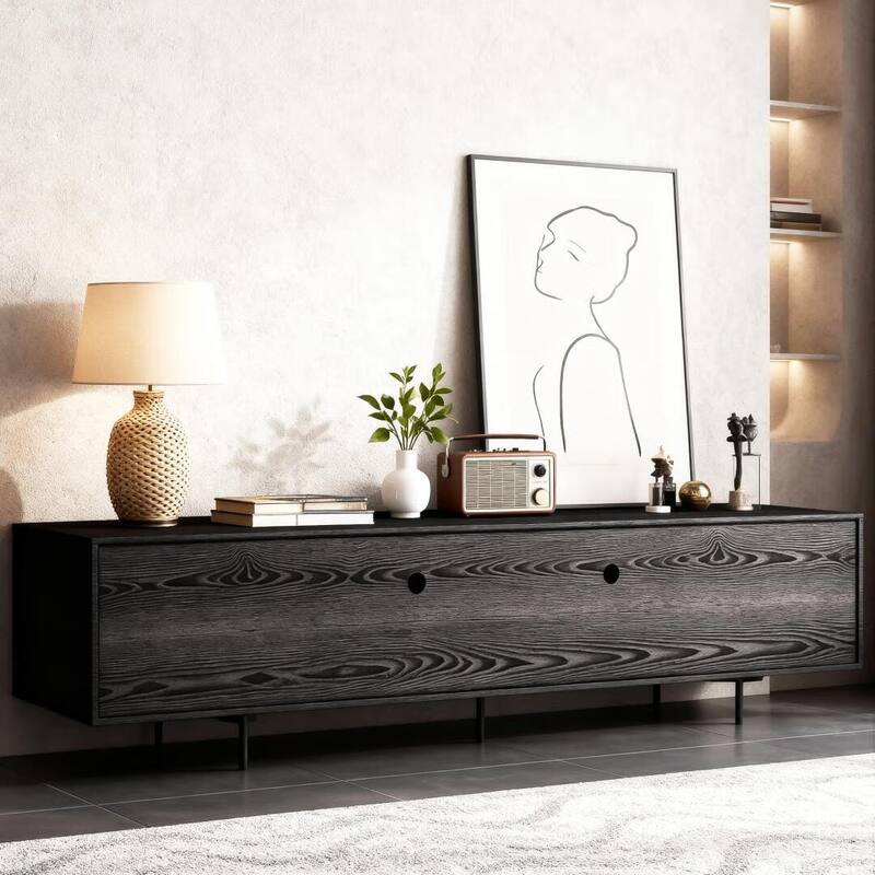 94.48 Inch Extra Long Black TV Stand with Slatted Doors, Modern Entertainment Center for TVs up to 100 Inches,