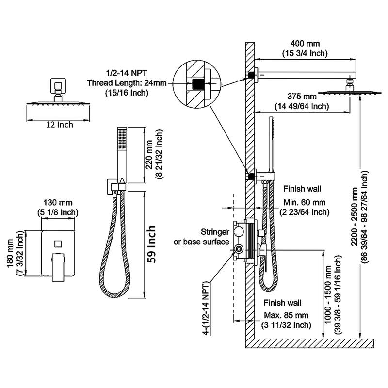 12" Rainfall Shower Head and handheld shower faucet