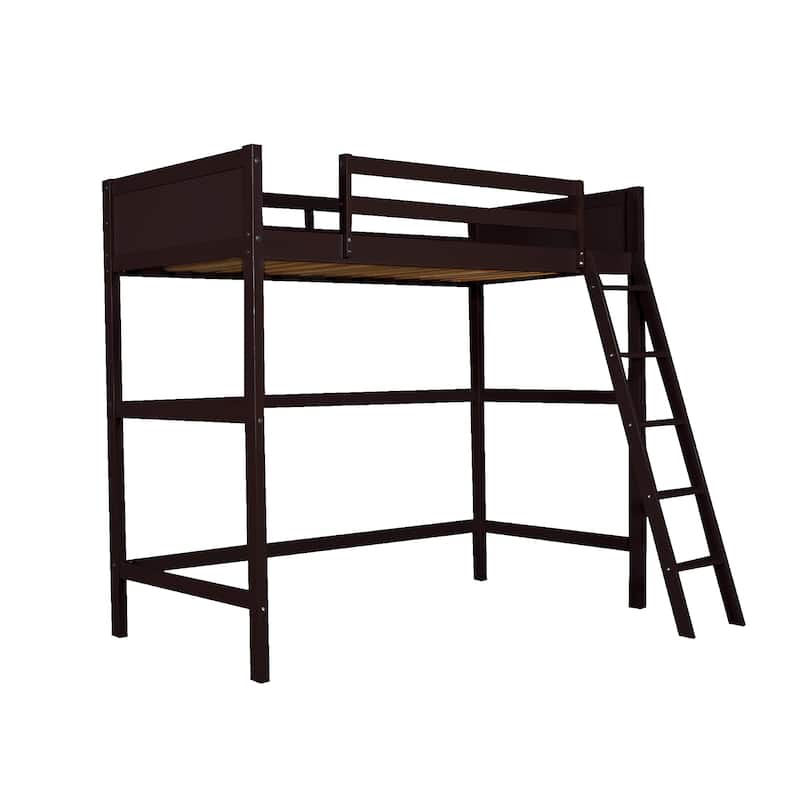 Modern Simple Style Twin Size Solid Pine Wood Loft Bed with Full Length Guardrail and Inclined Ladder