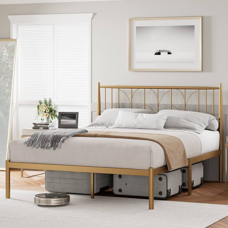 Platform Bed Frame with Wheat Head Headboard, Metal Mattress Foundation for Storage