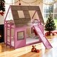 preview thumbnail 1 of 9, Kid Bed Frame Twin Size Wood House Bunk Bed with Ladder and Climbing Ramp Brown+Pink