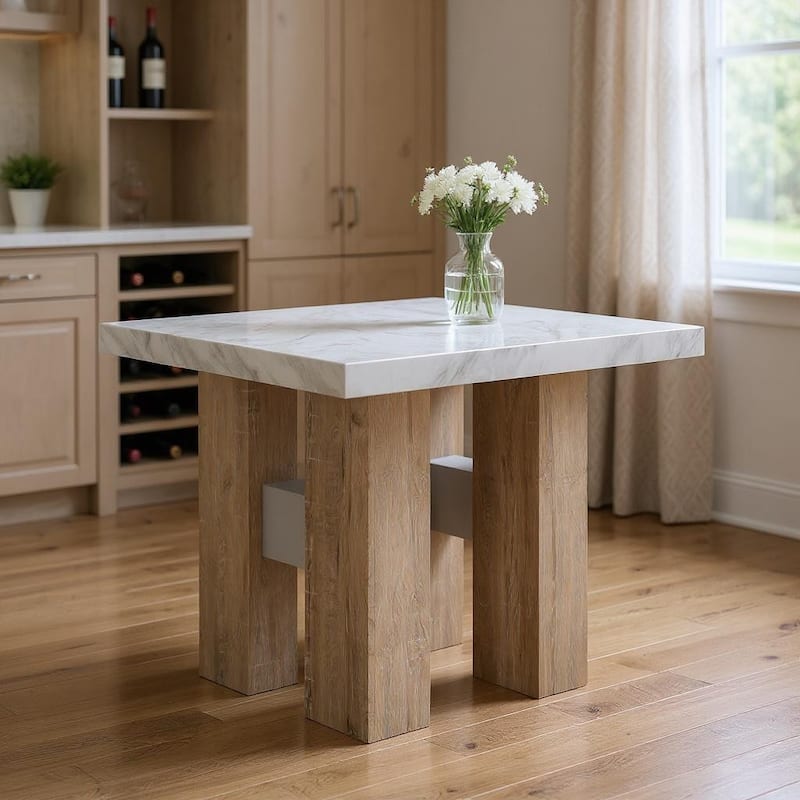 HomeRoots 48" White and Natural Wood And Faux Marble Square Counter Height Bar Table - 48.00 in. x 36.00 in. x 48.00 in. - White