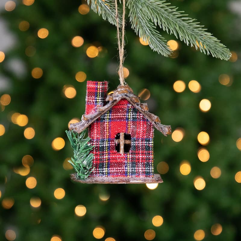 4.25" Red Plaid and Pine Needle Rustic Birdhouse Christmas Ornament