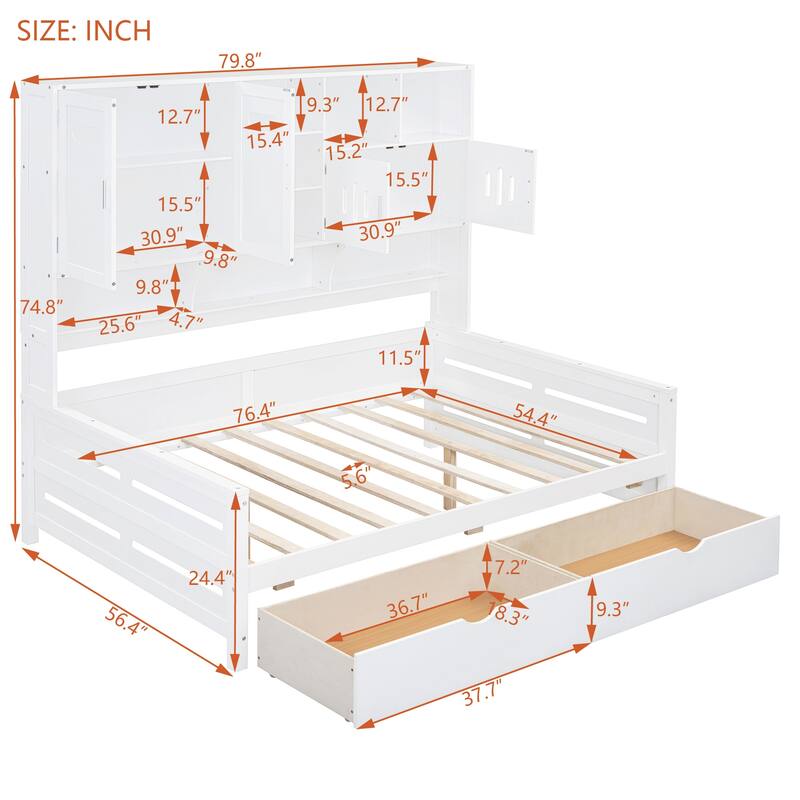 Solid Pine Wood Daybed with Storage, 2 Drawers & Shelf, Full Size with Easy Assembly