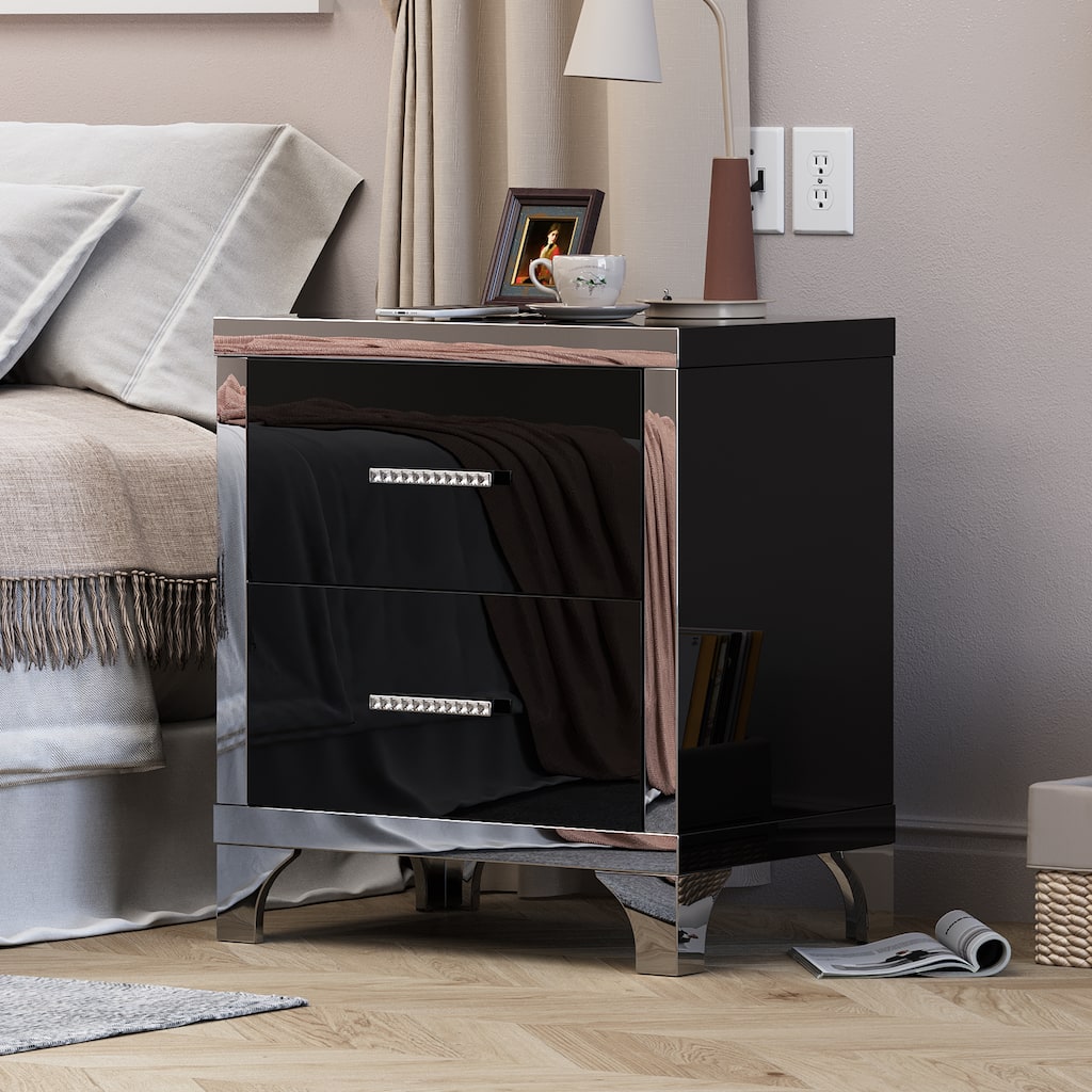 High Gloss Mirrored Nightstand with 2 Drawers,Modern End Table with Drawers,Mirrored High Gloss Wood Nightstand Metal Handle