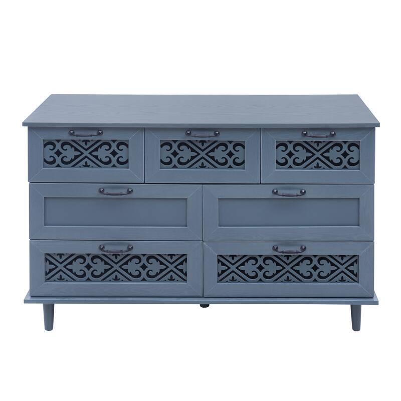 Retro Style 7-Drawer Horizontal Dresser with Carved Drawers Panel and Metal handle for Bedroom, Living Room