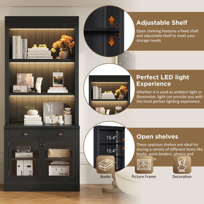 83.4" Large Bookshelf Suite with LED Lighting, 2-Piece Wood Storage Bookcase Set with Glass Doors, Drawers & Open Shelves