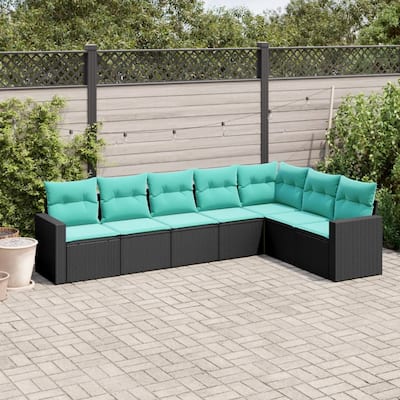 vidaXL 7/8 Piece Patio Sofa Set with Cushions Black Poly Rattan - 24.4" x 24.4" x 27.2"