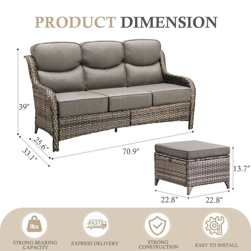Arcadia 3-Seat Wicker Patio Sofa with 6-Inch Thick Cushions and 2 Ottomans