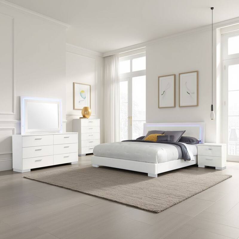Sok 5pc Queen Bedroom Set, Faux Leather, Blue LED Lights, White Wood