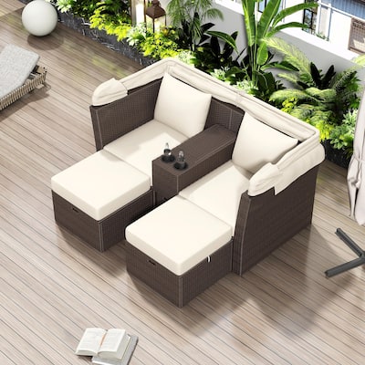 Outdoor Patio Loveseat Sofa Set with Foldable Awning