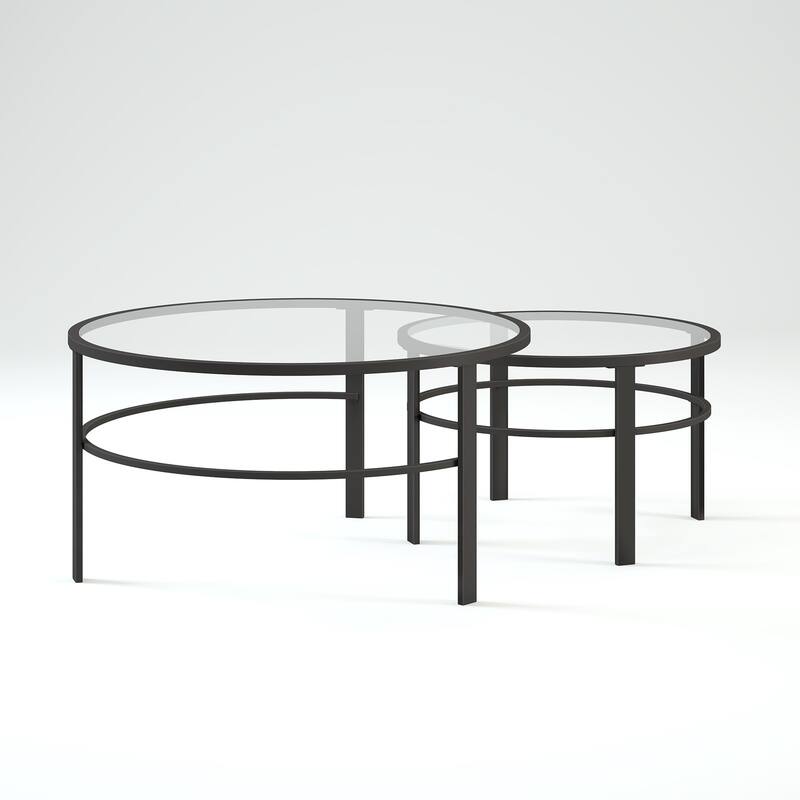 2 Piece Round Glass Nesting Coffee Table Set Clear Top and Black Steel Base for Living Room - 36"L x 36"W x 18"H
