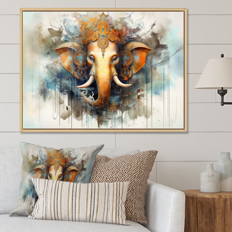 Designart "Vibrant Hinduisim Elephant I" Hinduisim Framed Canvas Print - Natural - 40 in. wide x 30 in. high