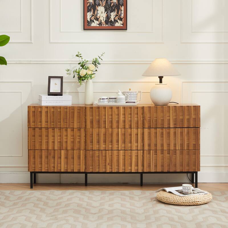 Fluted 9 Drawer Dresser 59" Wide Boho Chest of Drawers