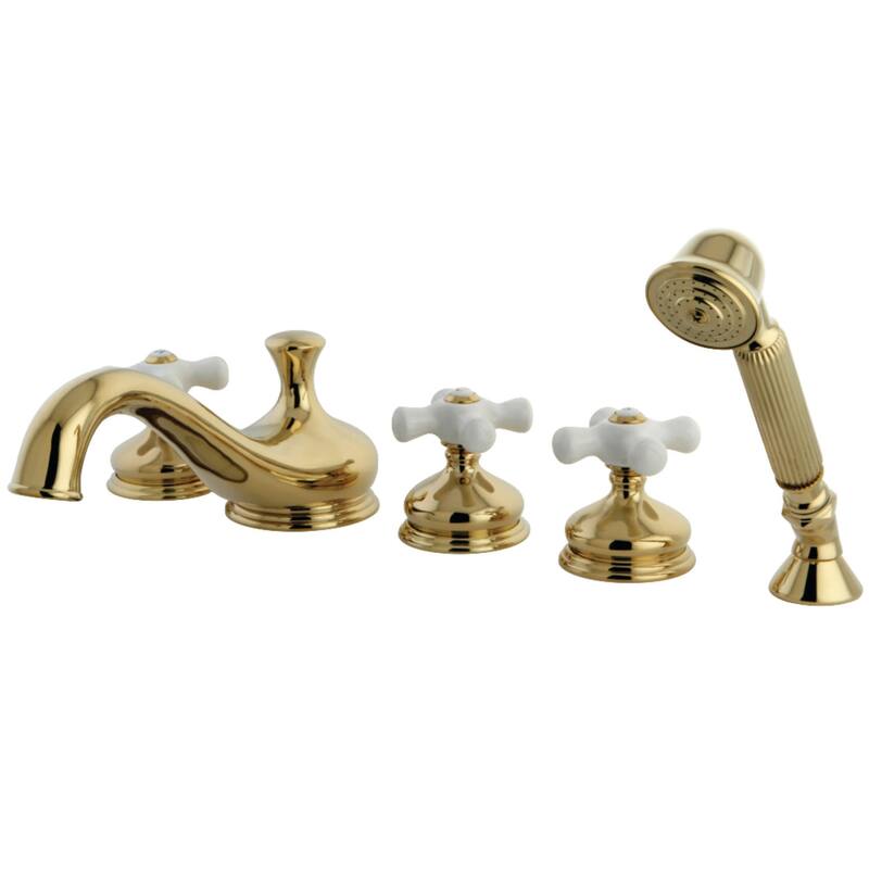 Kingston Brass Deck Mounted Roman Tub Filler with Diverter and Cross - Polished Brass