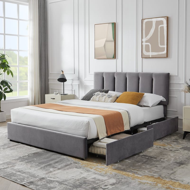 Javlergo Bed Frame with Storage Drawers, Upholstered Platform Bed Frame with Adjustable Headboard - Grey - Full