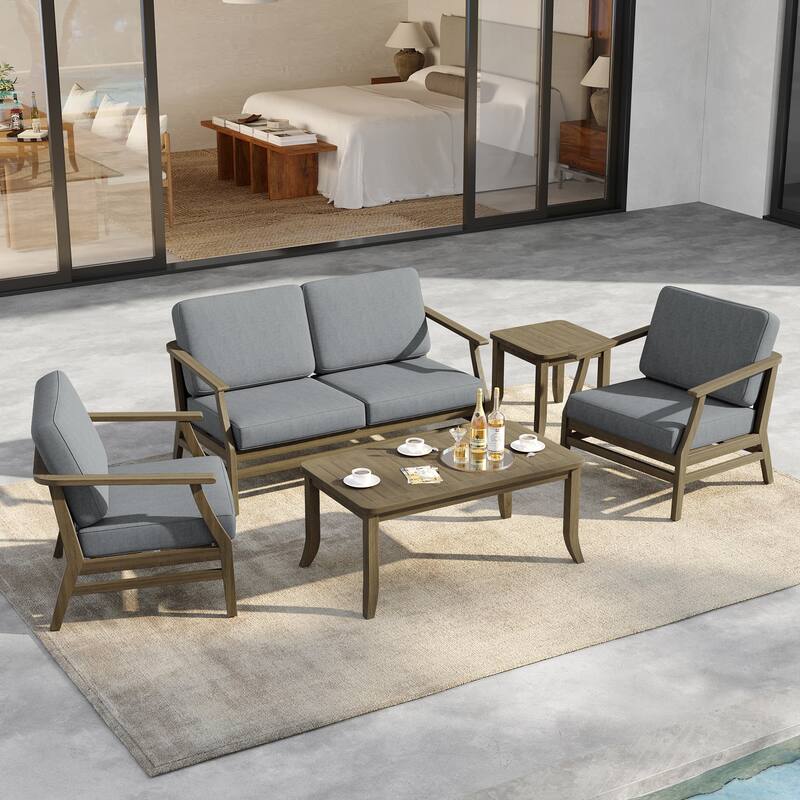 5-Piece Outdoor Teak Wood Patio Conversation Set with Cushions