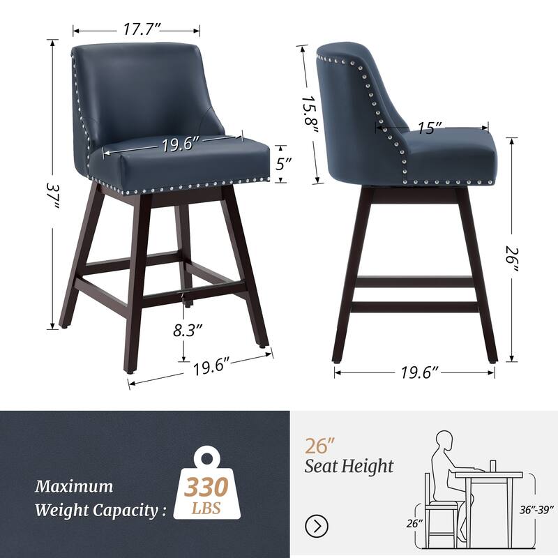 26 in. Counter Height Upholstered Wood Frame Swivel Bar Stool with Farbic Seat Set of 2 - 19.6"D x 19.6"W x 37"H