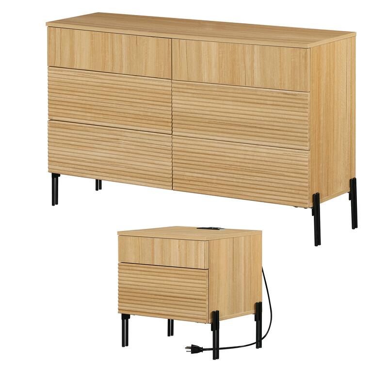 WAMPAT 2 Pcs Bedroom Set, 6 Drawer Dresser And Nightstand Set For Bedroom,Hidden Handles, Reed Pattern & Double Chopsticks Legs