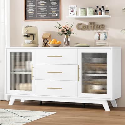 Sideboard Buffet Cabinet with Fluted Glass Doors 3 Large Drawers