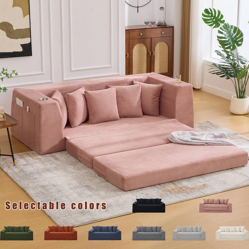 2 in 1 Convertible Sofa Bed, Sleeper Sofa with Storage Pockets, Pull Out Loveseat Couch with Two Cup Holders - Pink