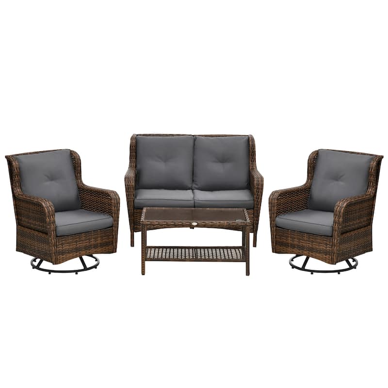 Outsunny 4 Piece PE Wicker Patio Furniture Set, Conversation Set with 2 360° Swivel Rocking Armchairs, 1 Loveseat Sofa
