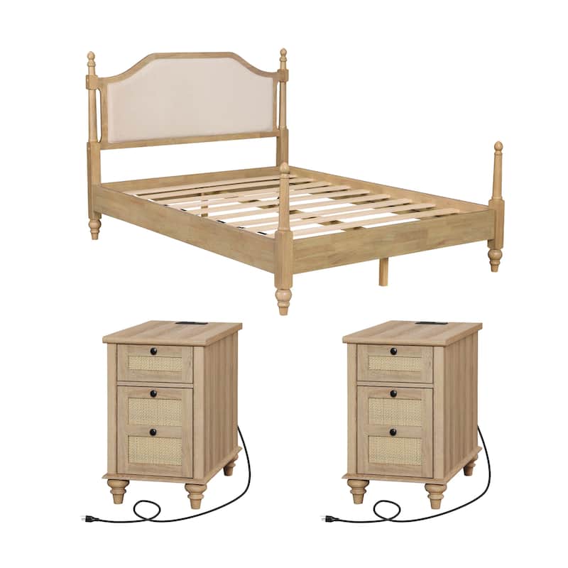3 Piece Bedroom Set, Queen Size Bed Frame & Set of 2 Nightstands, Oak