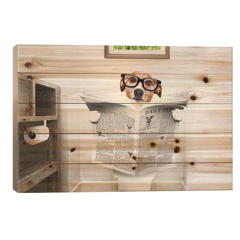 Dog On Toilet Seat Reading Newspaper I Print On Wood by damedeeso - Multi-Color - 26x40x1.5